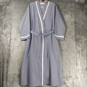 Eileen West Robe Womens Size L Blue White Gingham Checked Seersucker Tie Floral